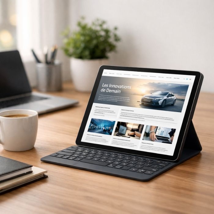Bureau minimaliste avec tablette affichant le magazine en ligne Innoventions.fr