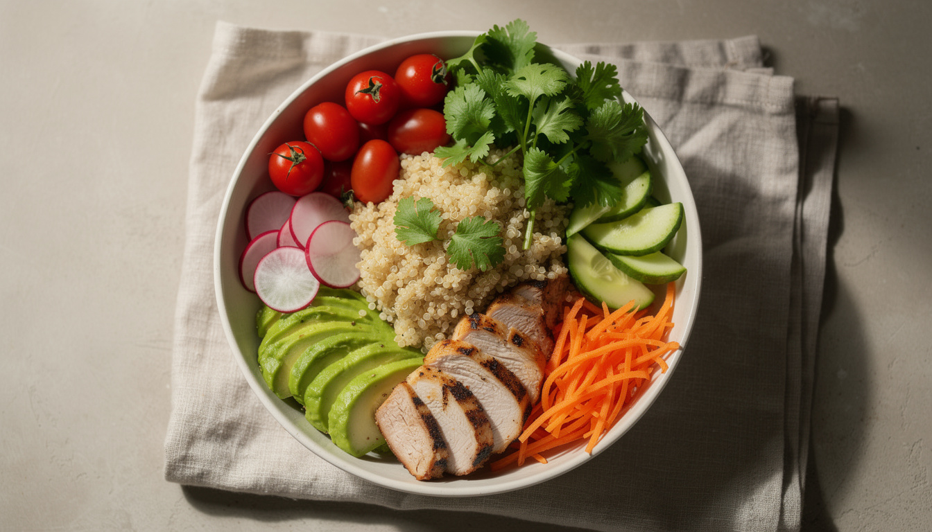 découvrez notre bowl healthy au poulet et quinoa, un repas équilibré et rassasiant parfait pour une alimentation saine et gourmande.